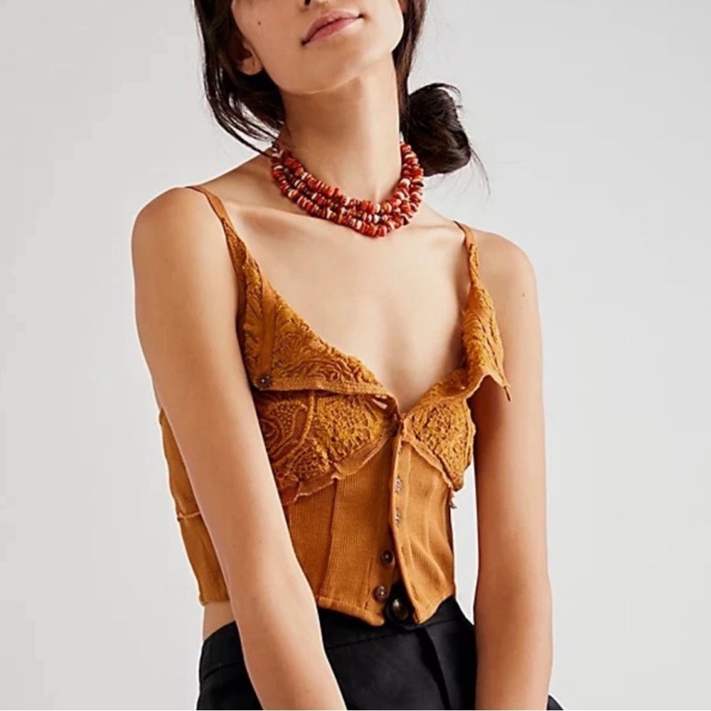 Free People Have My Heart Lace Corset Top Mustard Yellow Ochre Medium